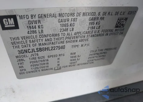 2017 Chevrolet Trax Lt from USA, damaged, VIN 3GNCJLSB8HL227940